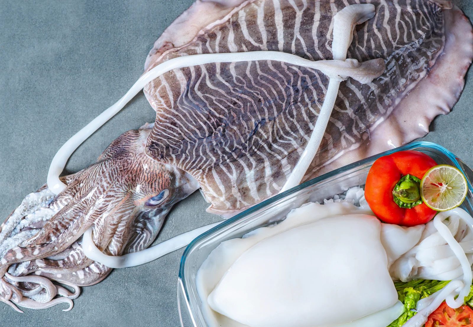 Whole and cleaned cuttlefish